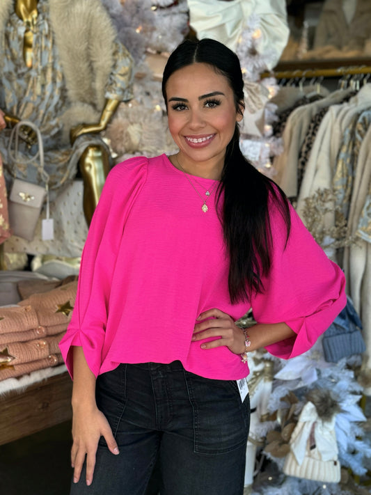 Ivy Jane Hot Pink Tucked Sleeve Top