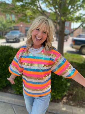 Party Never Stops Multi Stripe Sequin Top