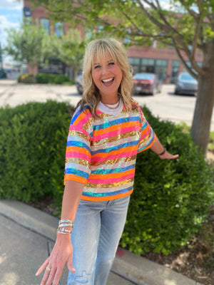 Party Never Stops Multi Stripe Sequin Top