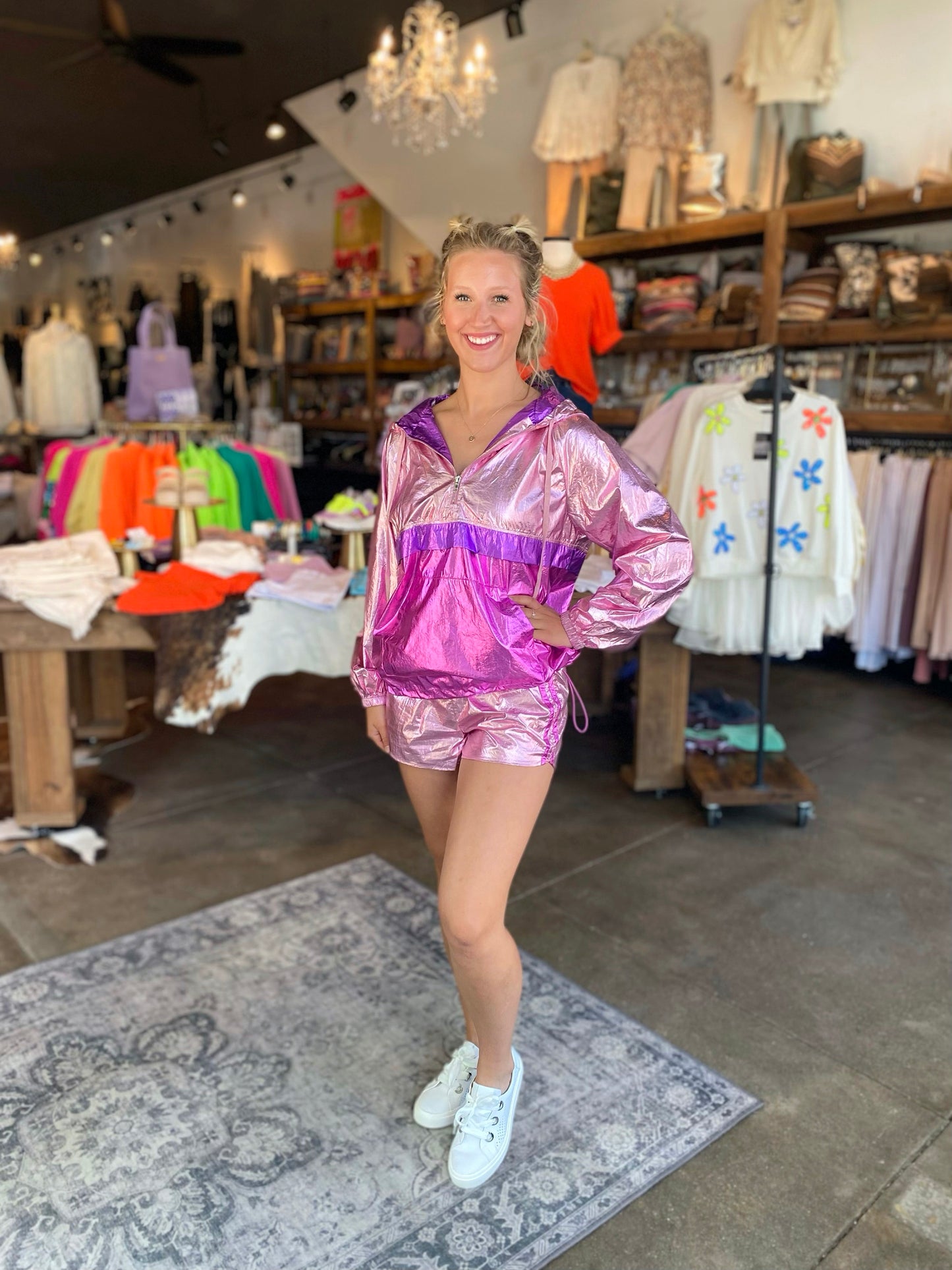 On the Go Color Block Metallic Wind Breaker and Shorts Set