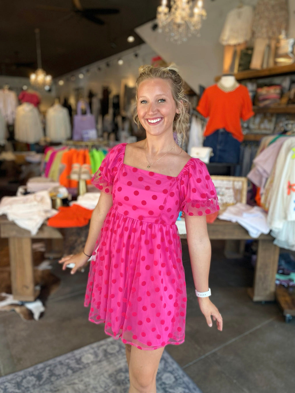 Perfect Polka Dot mesh puff Sleeve Hot Pink lined Dress