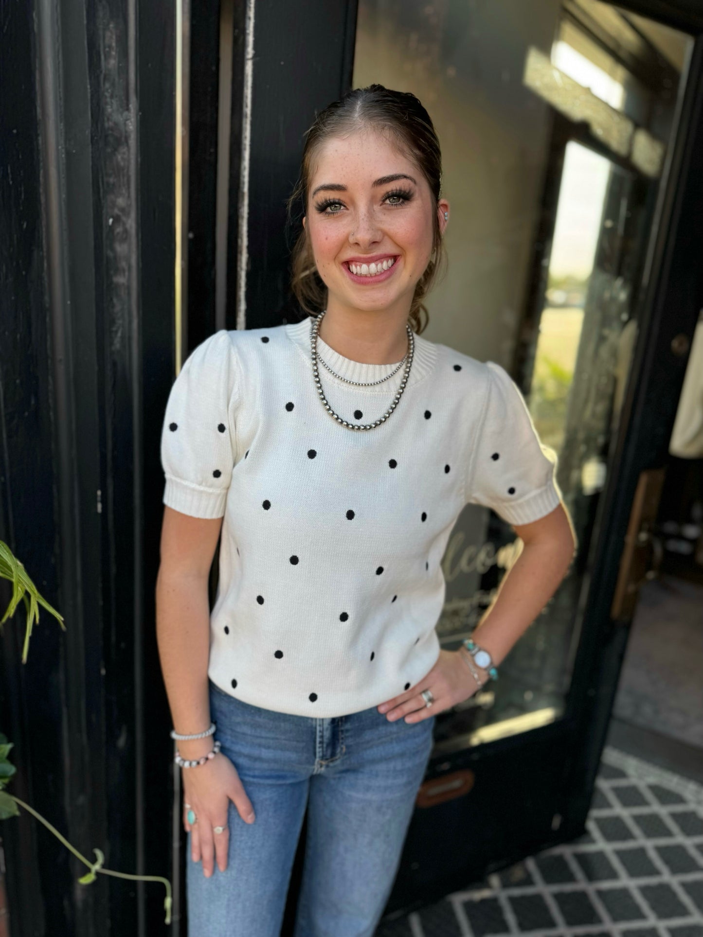 KLd White Puffed S Polka Dot Sweater 45308