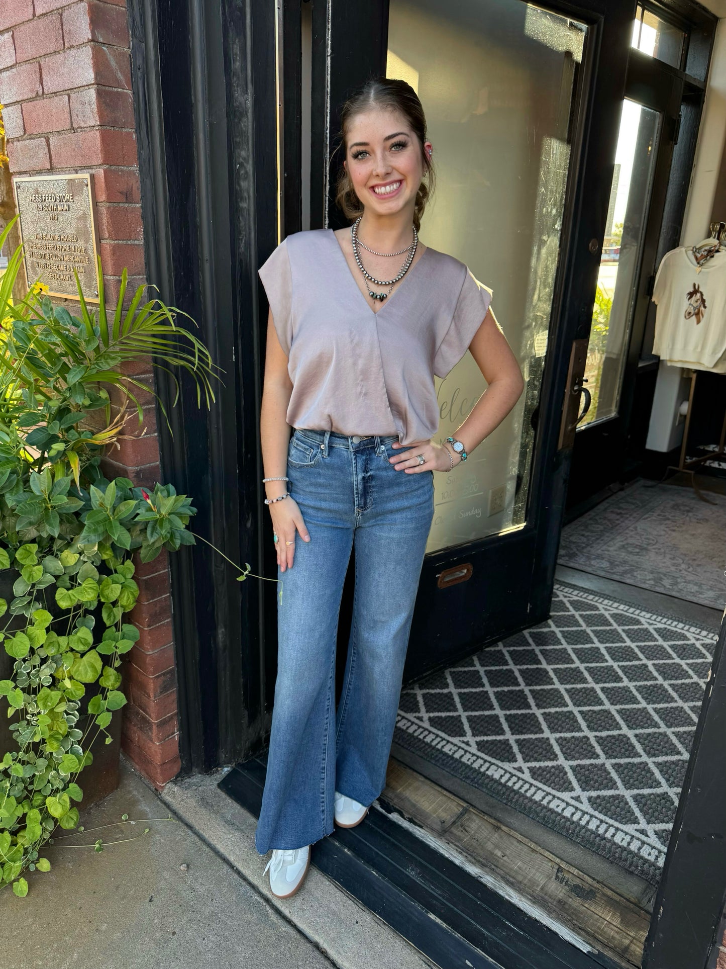 KLd Taupe Washed Satin Blouse 45091