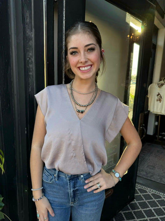 KLd Taupe Washed Satin Blouse 45091