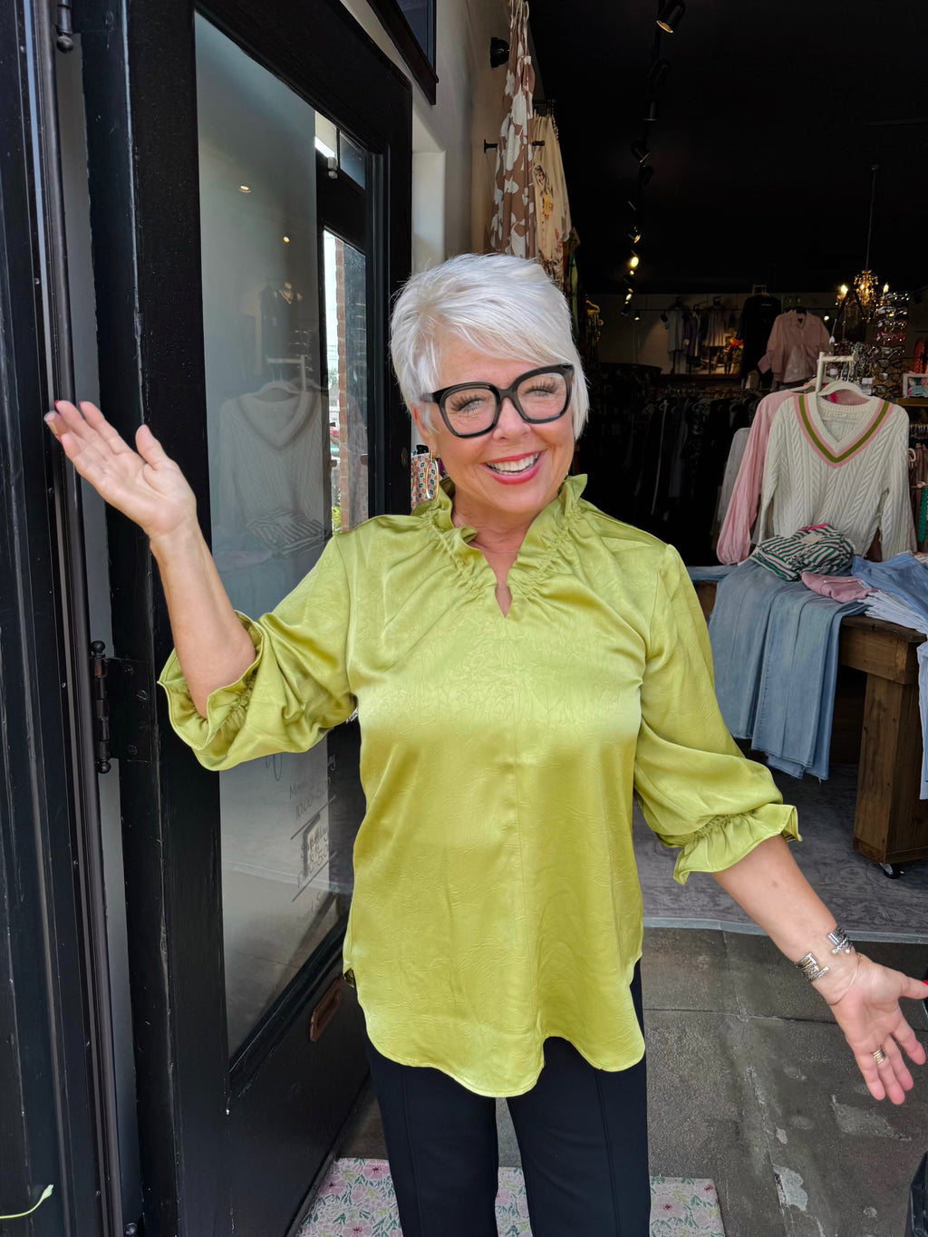 LIOR HAILEY RUFFLE V-NECK BLOUSE, LEAF GREEN
