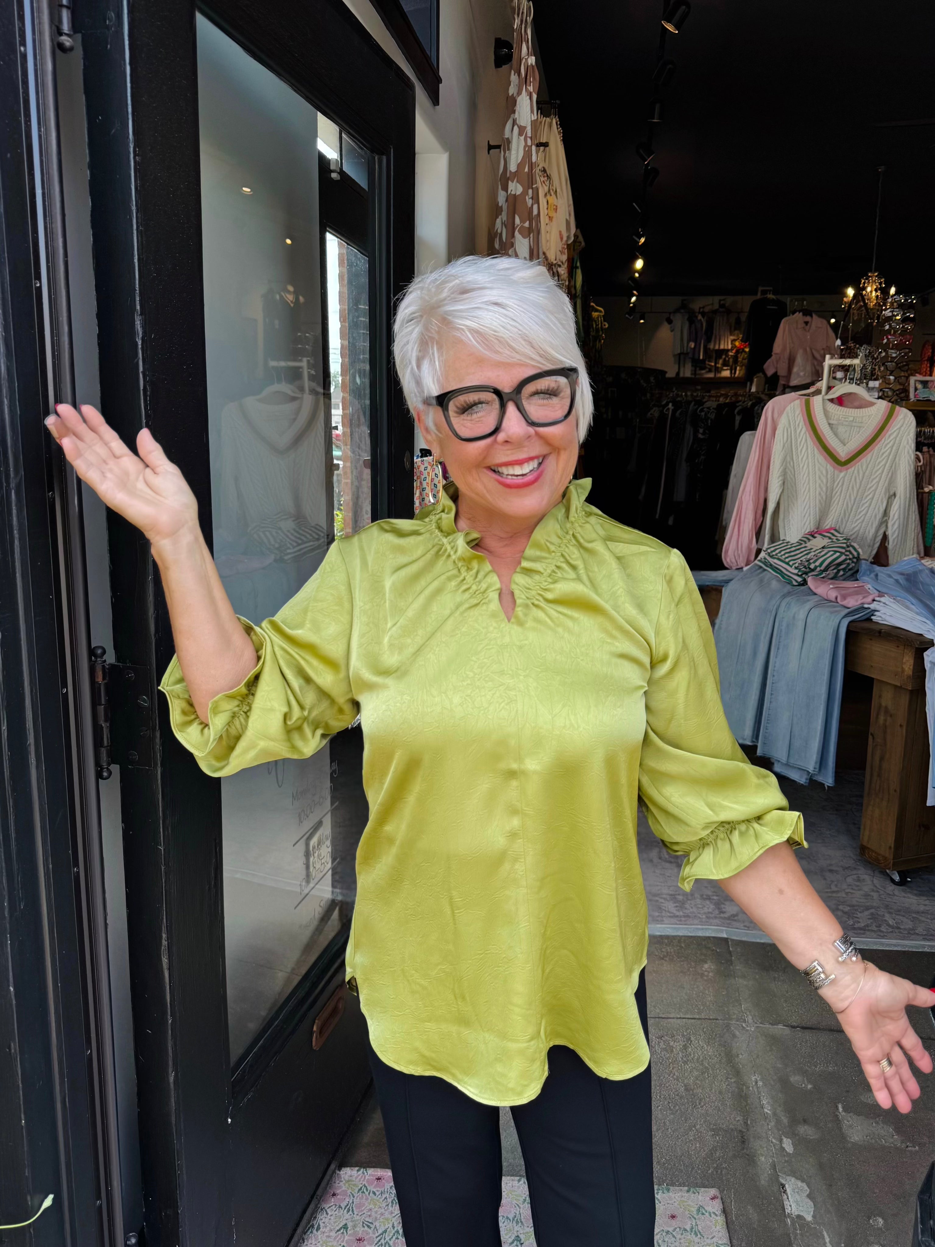 LIOR HAILEY RUFFLE V-NECK BLOUSE, LEAF GREEN
