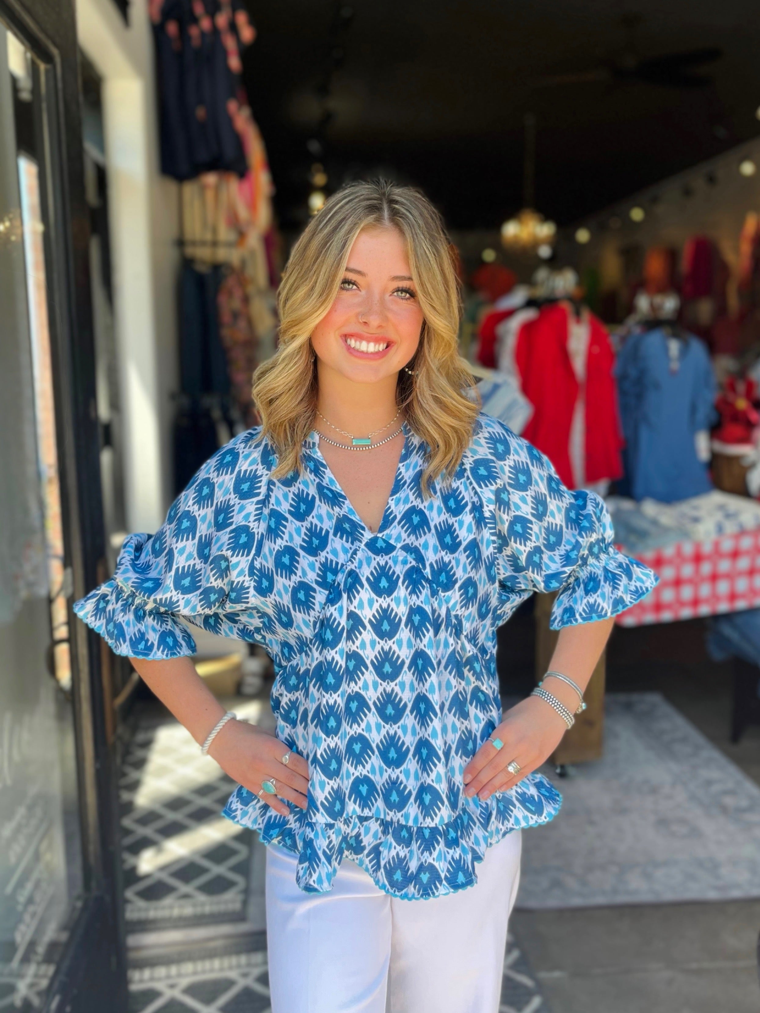 Ivy Jane Blue Ikatching Peplum Top