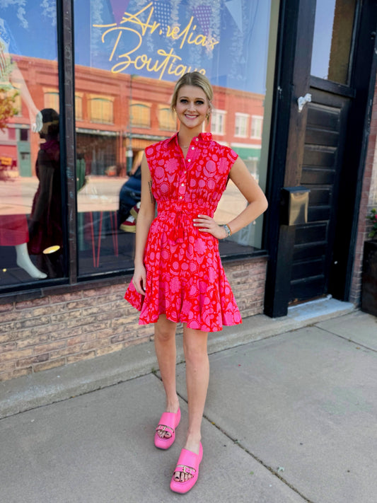 Uncle Frank Red Swing And Cinched Shirt Dress
