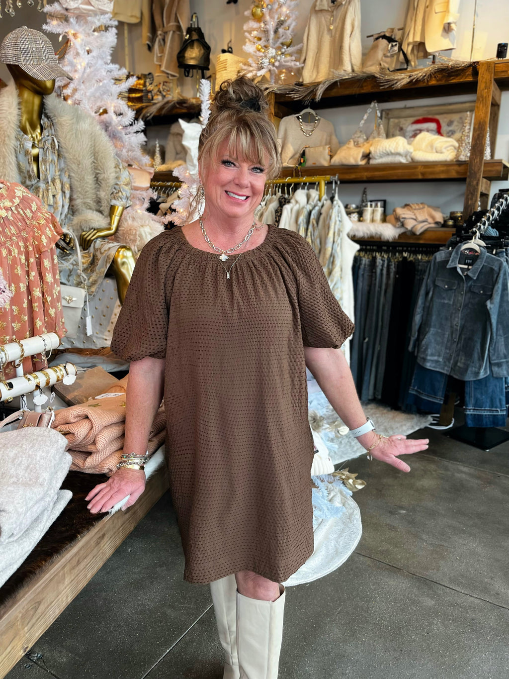 Jade Brown Gather Neck Tie Back Dress