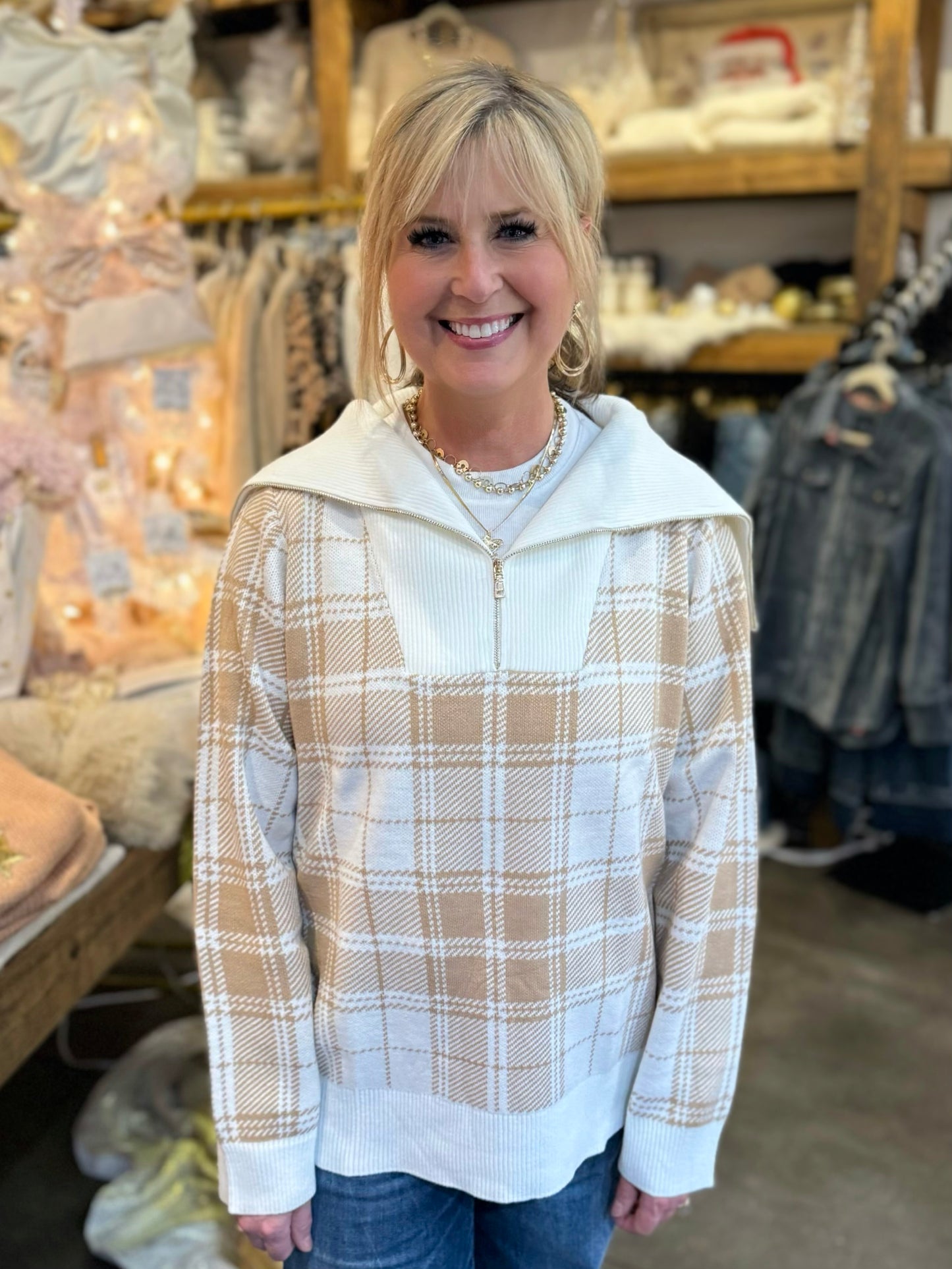 FDJ Neutral Tartan Plaid Half Zip Sweater