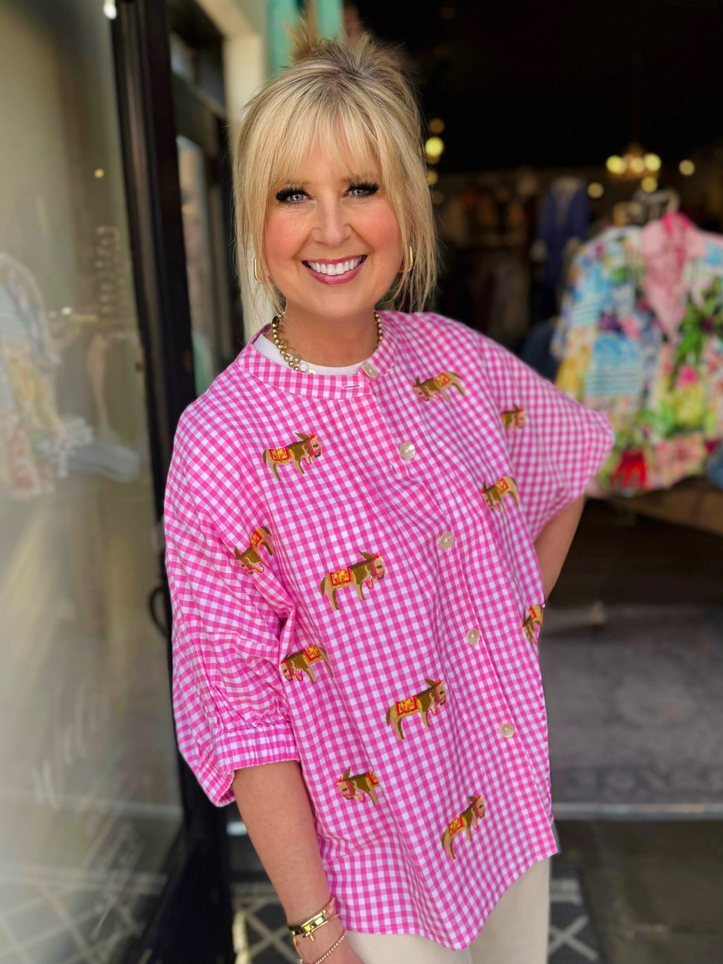Sister Mary Pink Check Donkey Top