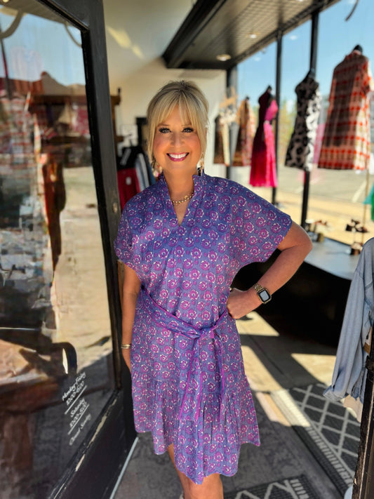 Uncle Frank Periwinkle Mock Kantha Stitched Floral Dress