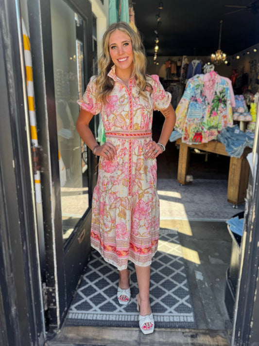 Jade Aloha Bloom Button Front Short Sleeve Midi