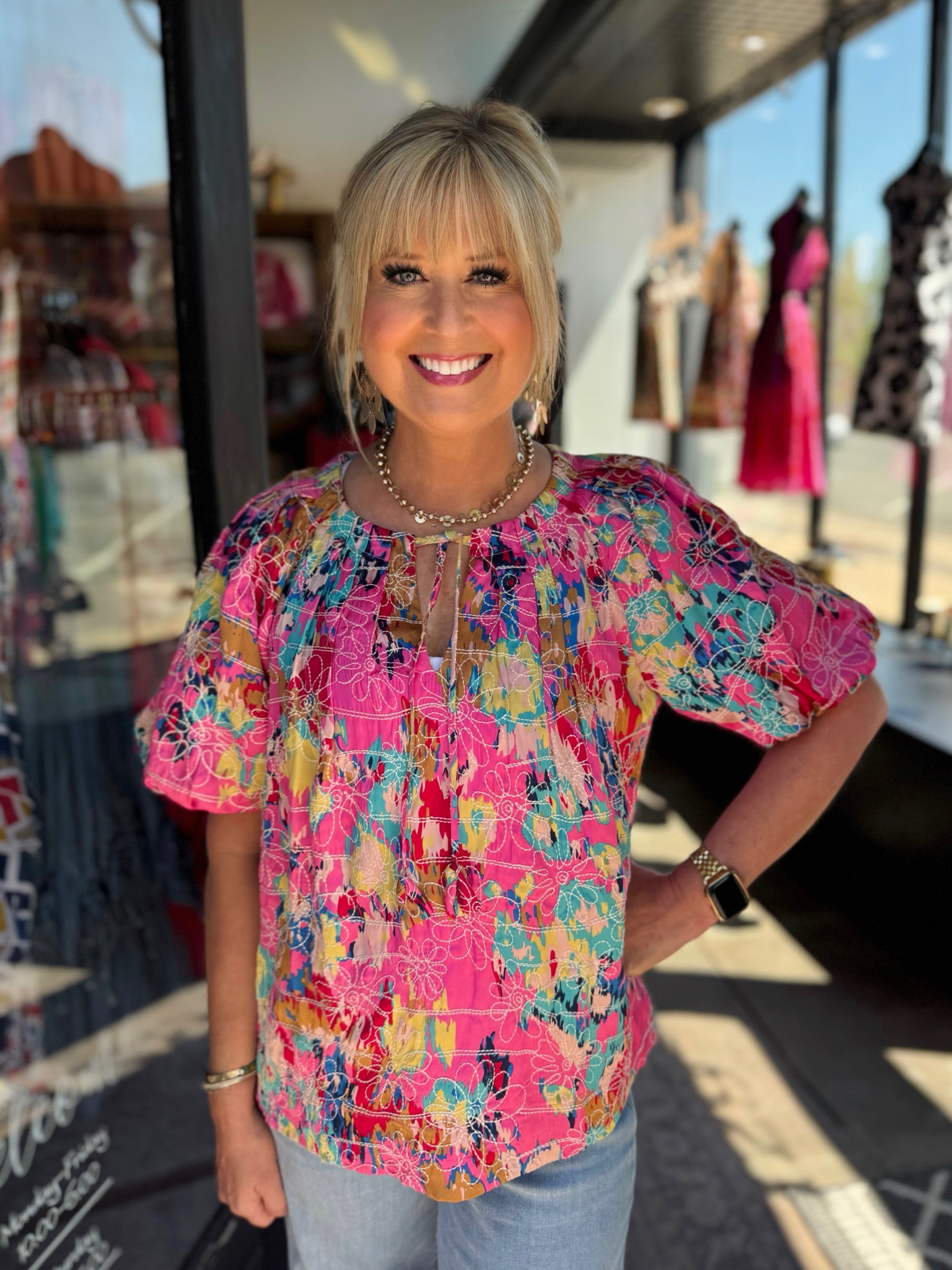 Jade Floral Breeze Pleated Puff Sleeve Top