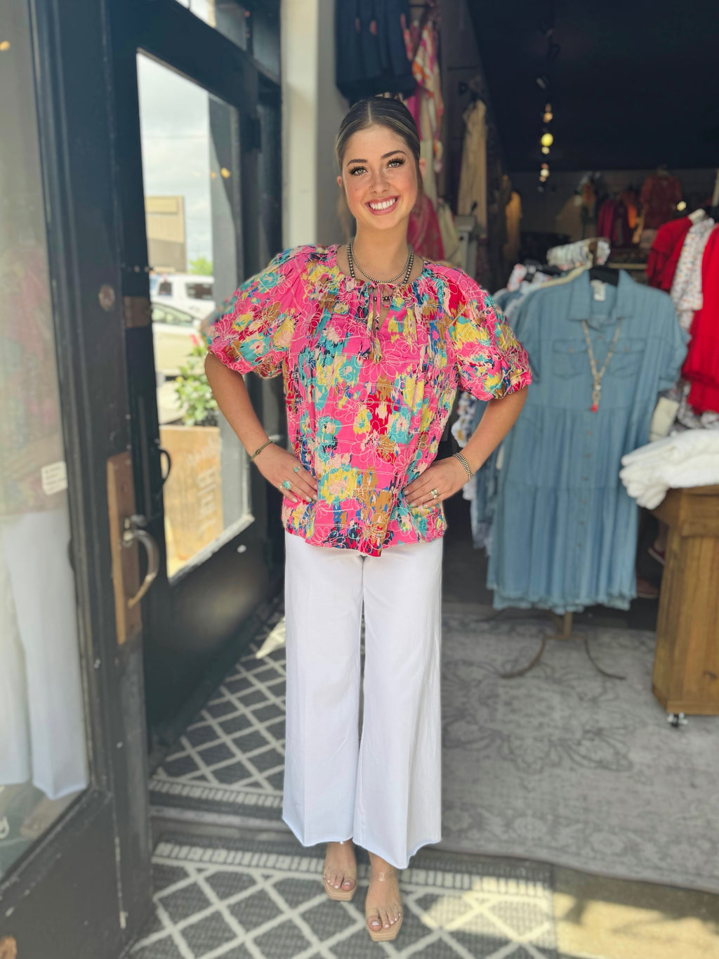 Jade Floral Breeze Pleated Puff Sleeve Top