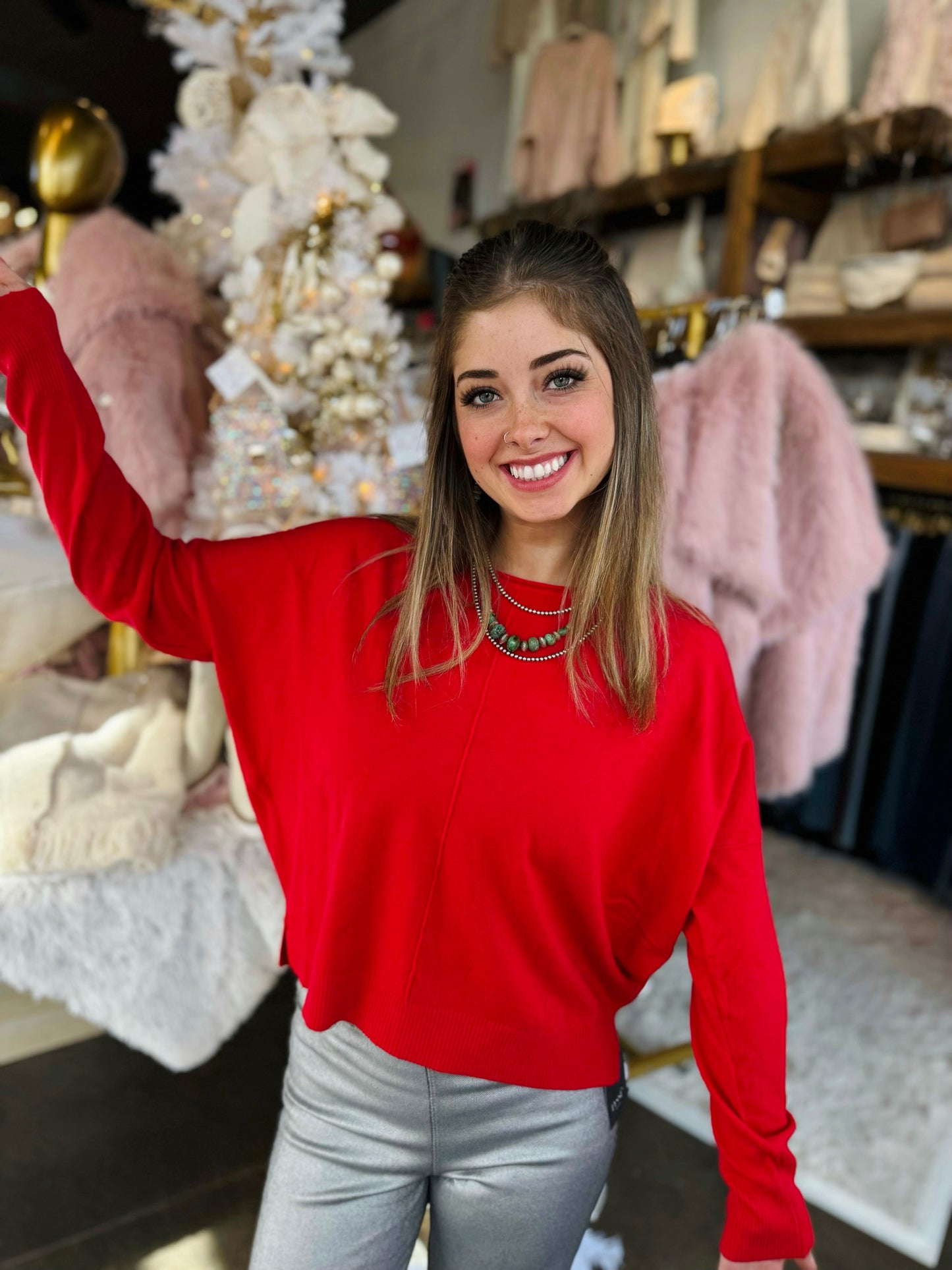 KLD Red L/S Boxy Sweater W/ Center Seam