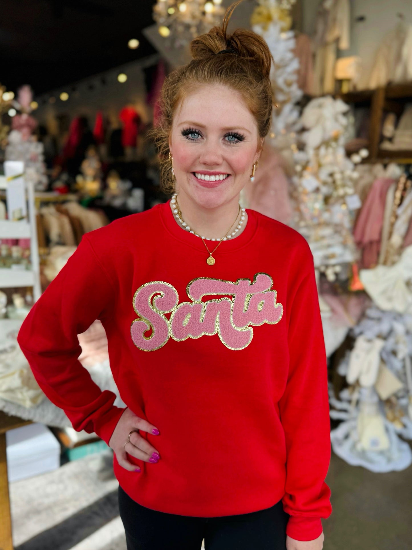 Santa Pink Chenille Patch Red Sweatshirt