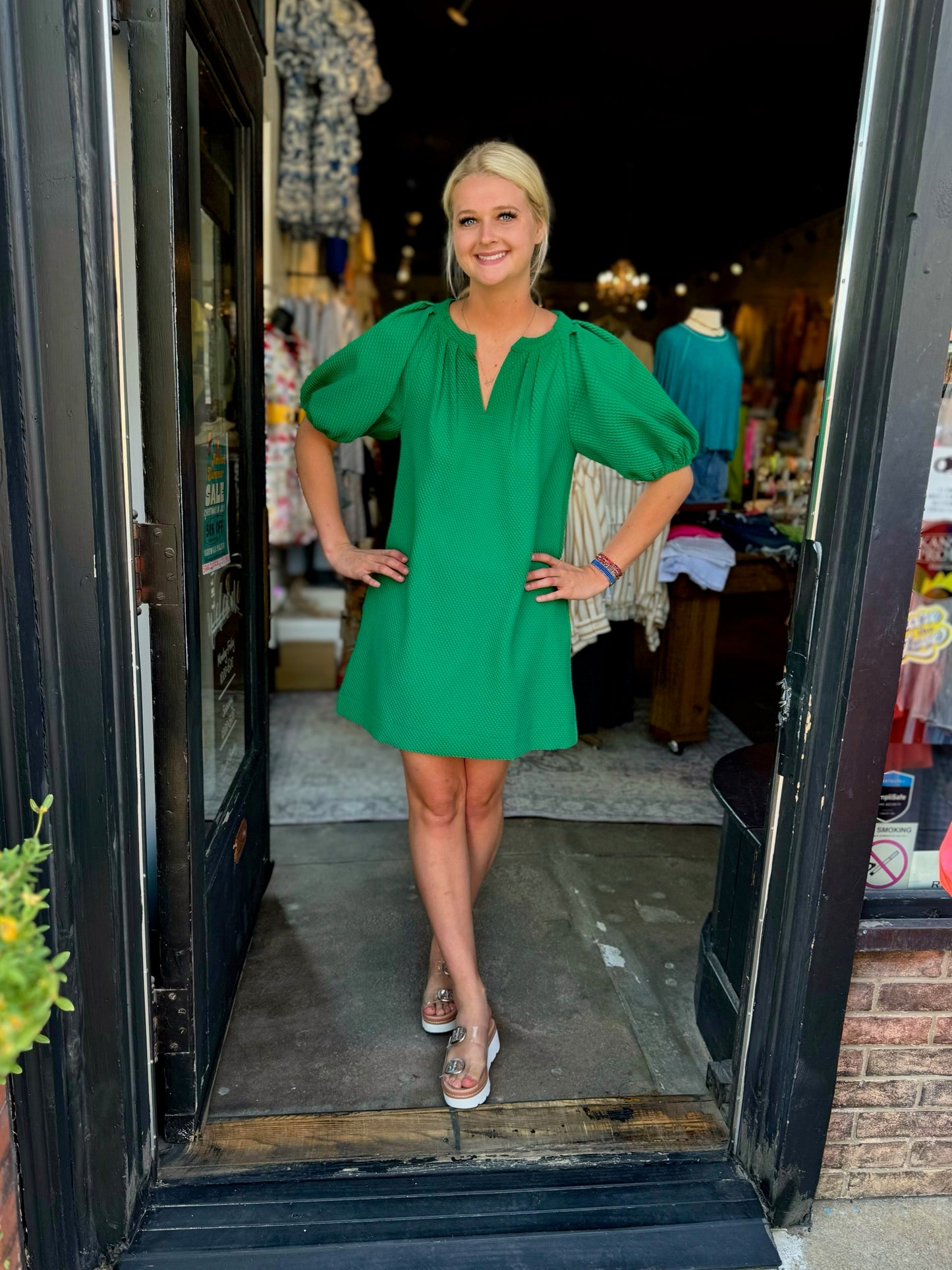 Jade Green Pleated Sleeve Dress