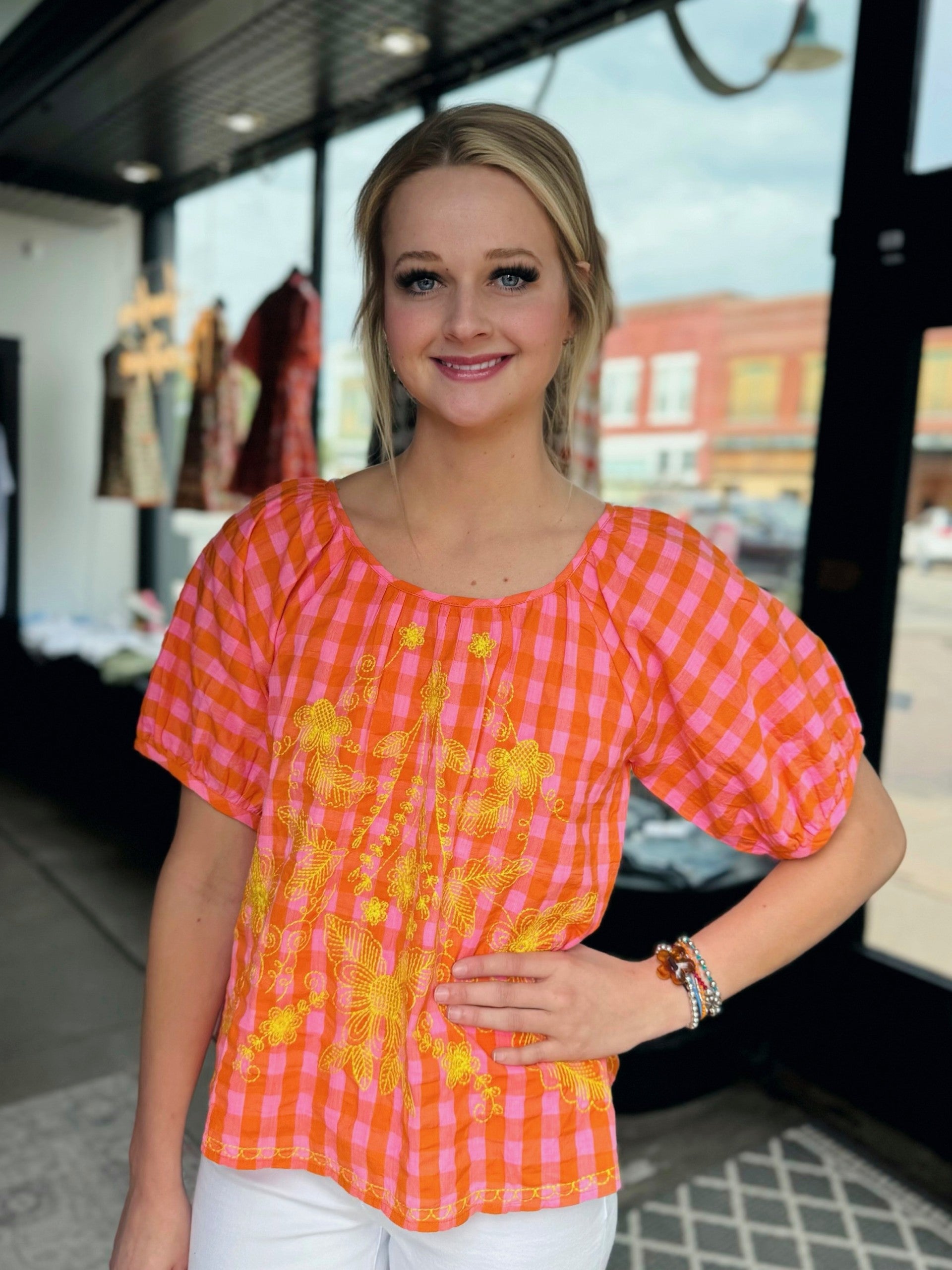 Ivy Jane Pink Sunny Floral Embroidered Check Top