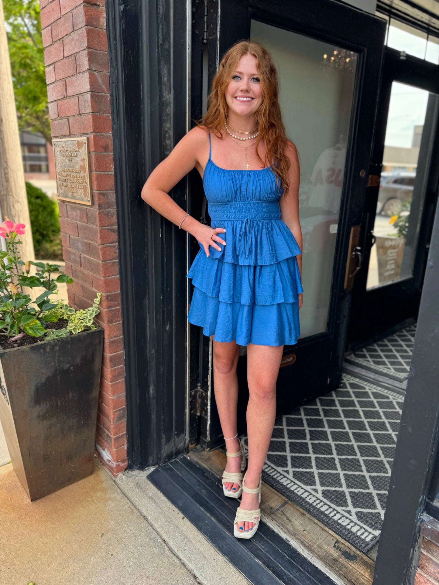 Dusty Blue Smiths Spaghetti Strap Mini Dress
