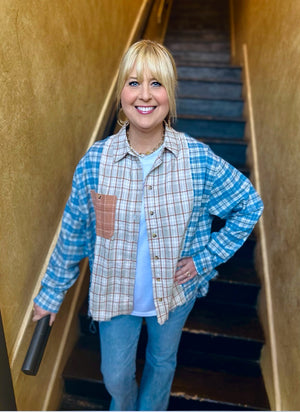 sage/blue patchwork shirt