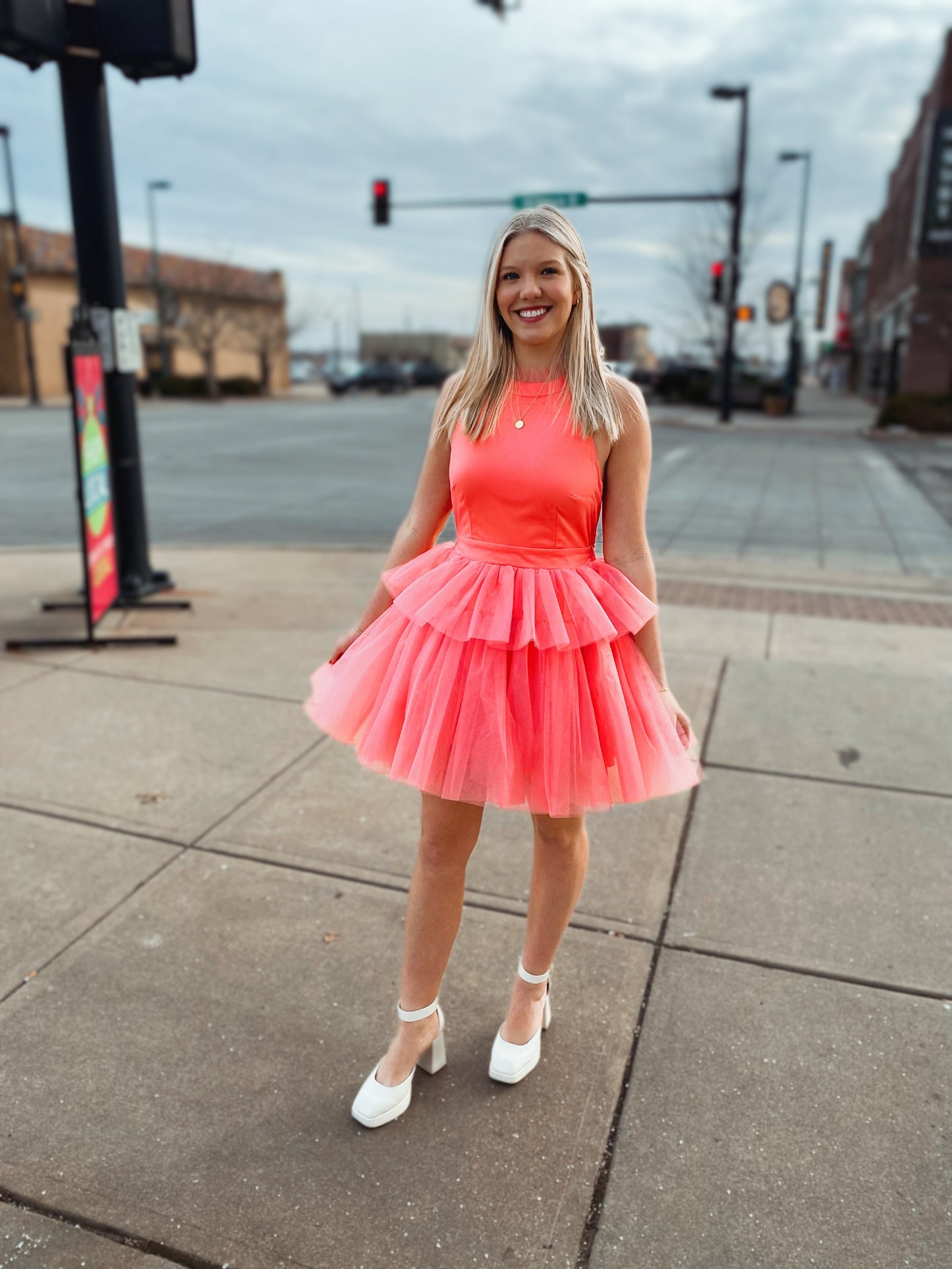 candy pink tulle halter mini dress with tie back
