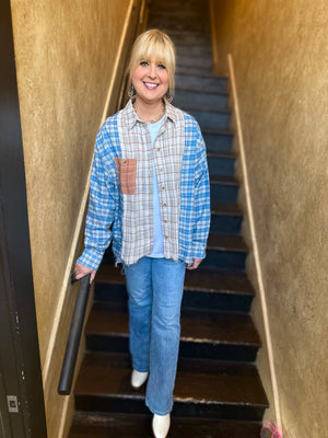 sage/blue patchwork shirt