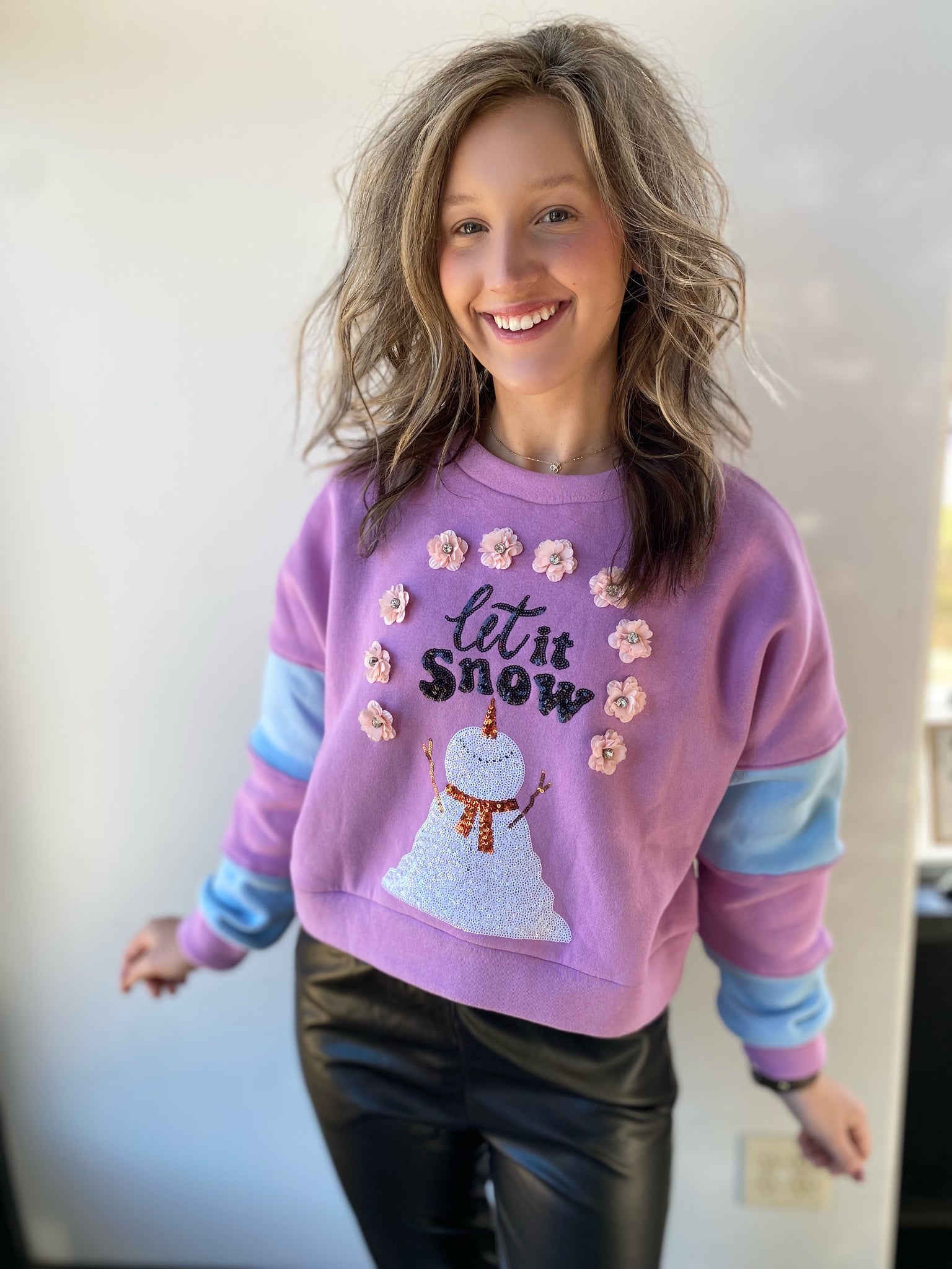 lavender/ blue snowman sequins with flower embellishment sweatshirt