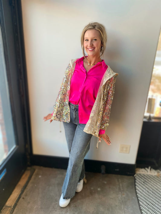 Hot pink satin buttondown blouse