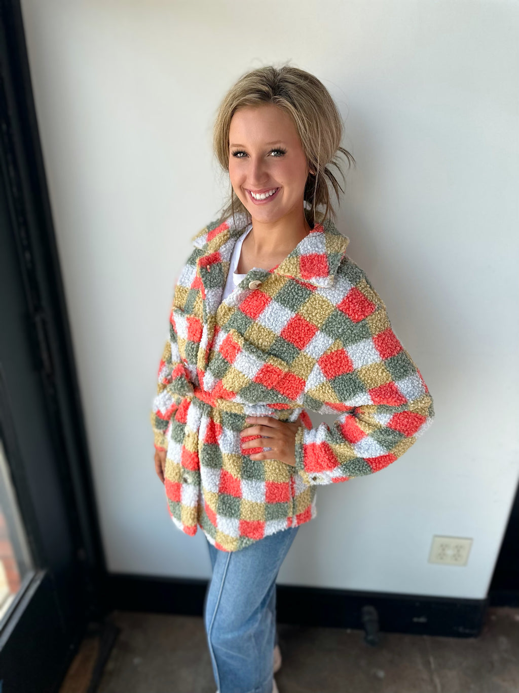 orange multi plaid teddy button up jacket