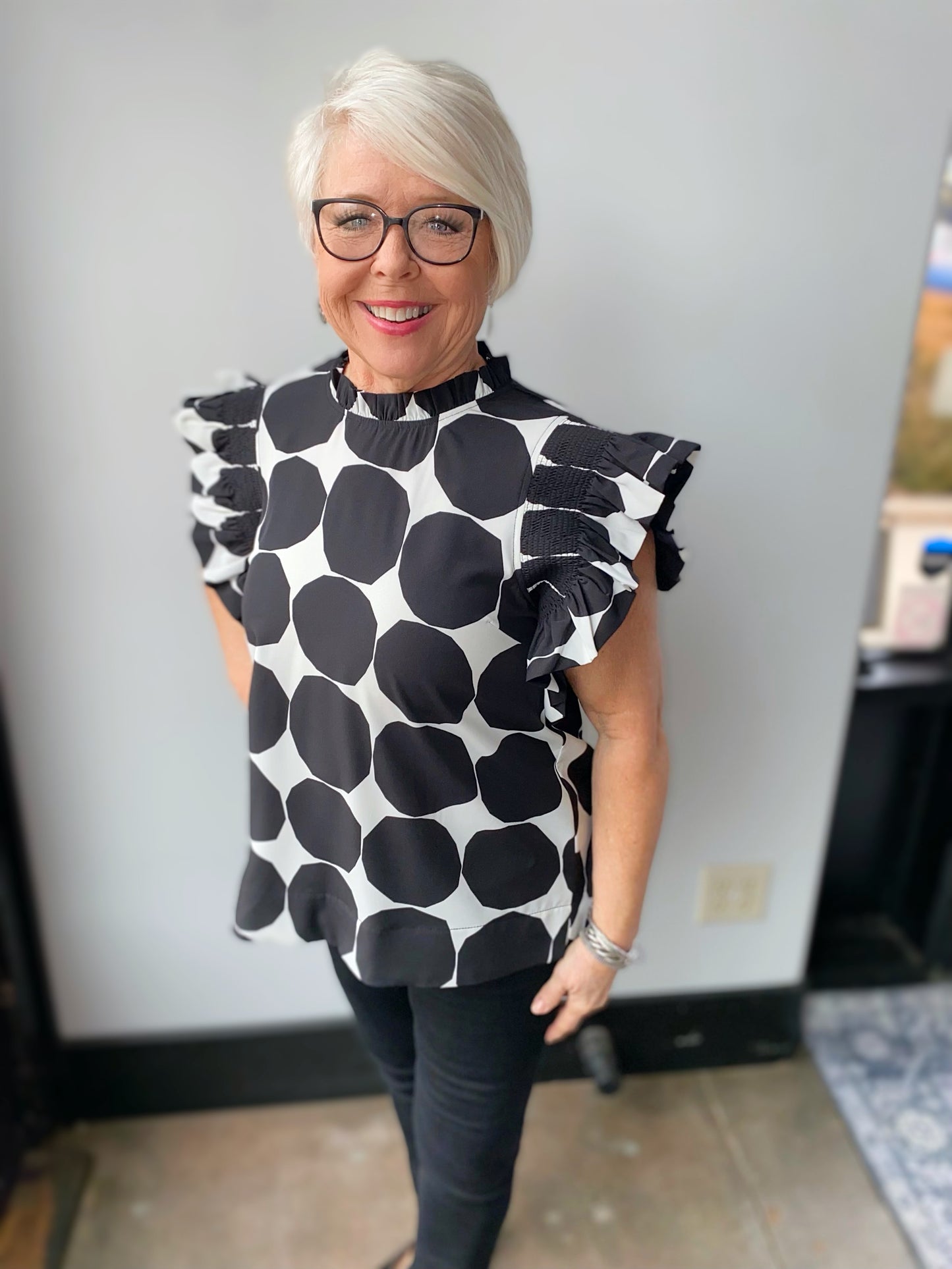 Dotty Black and White Ruffle sleeve blouse