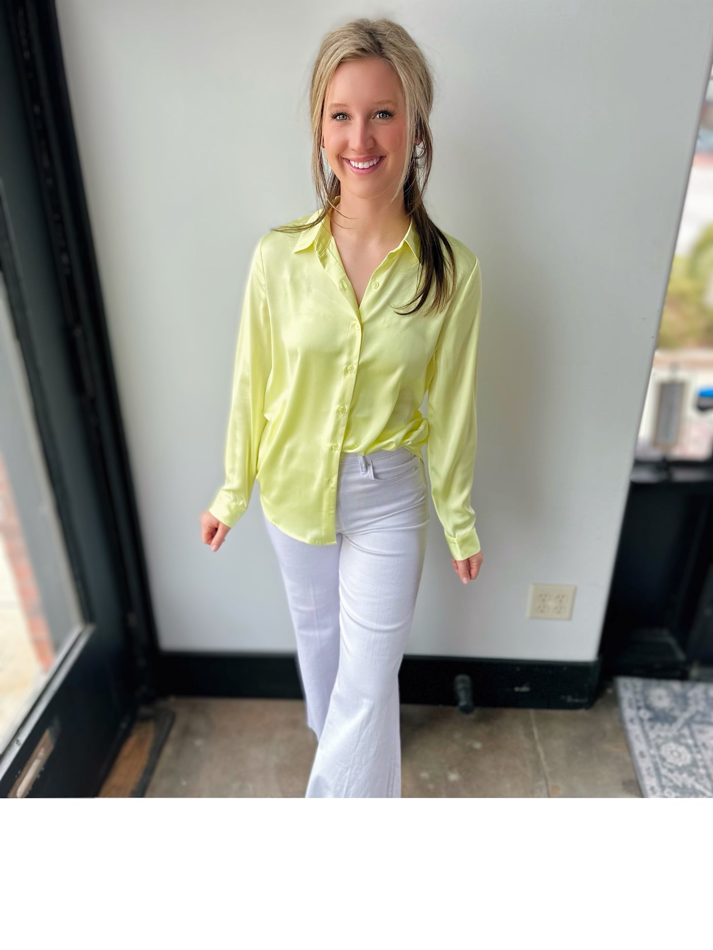 Sophia Satin Button Down- Lemon Lime