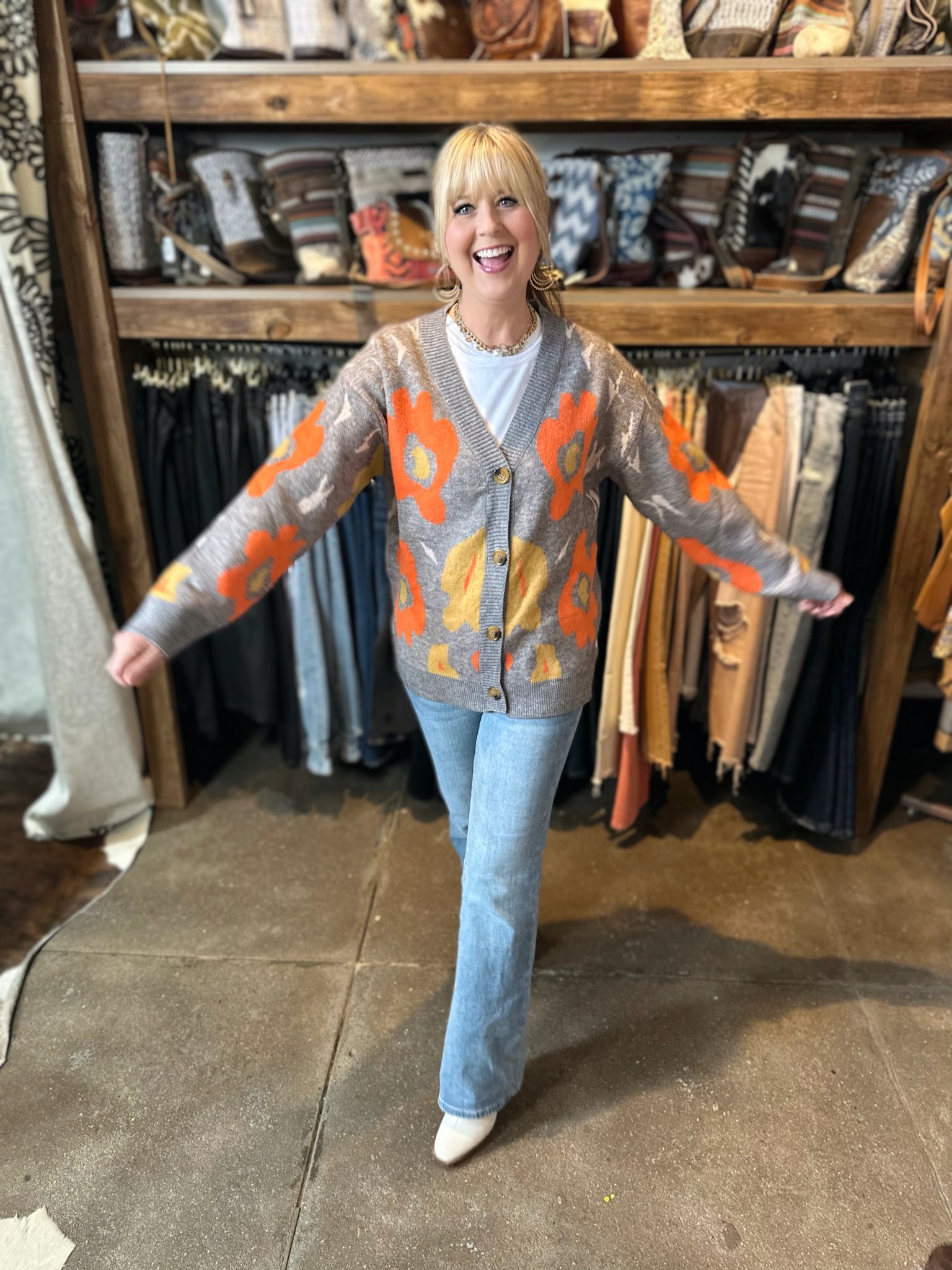 grey multi flower button down sweater
