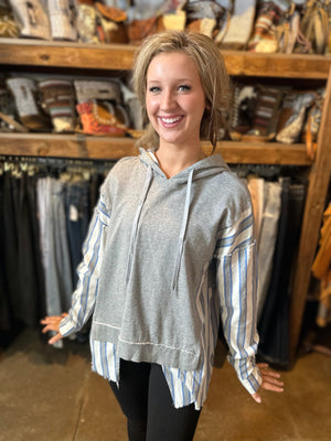 grey/ blue striped hooded sweatshirt