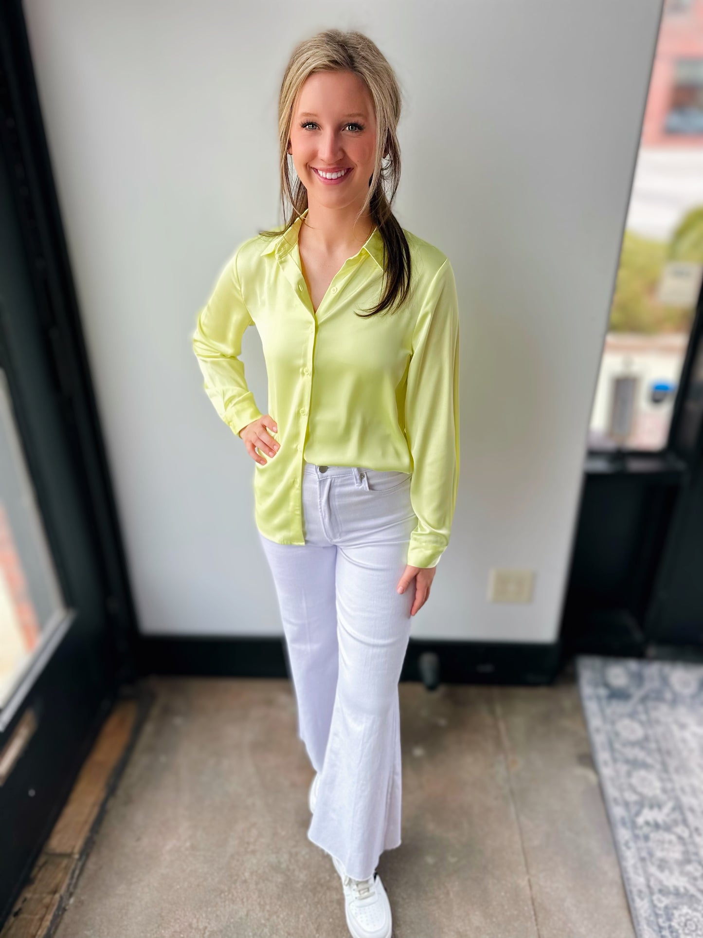 Sophia Satin Button Down- Lemon Lime