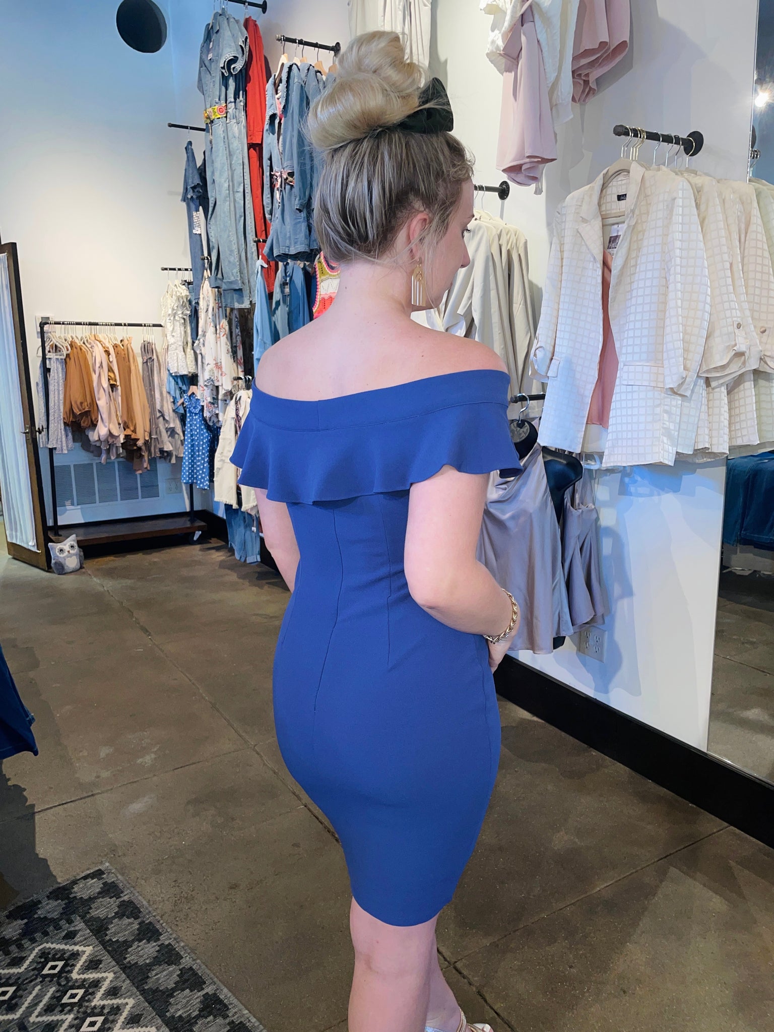 Steel blue ruffle off shoulder dress