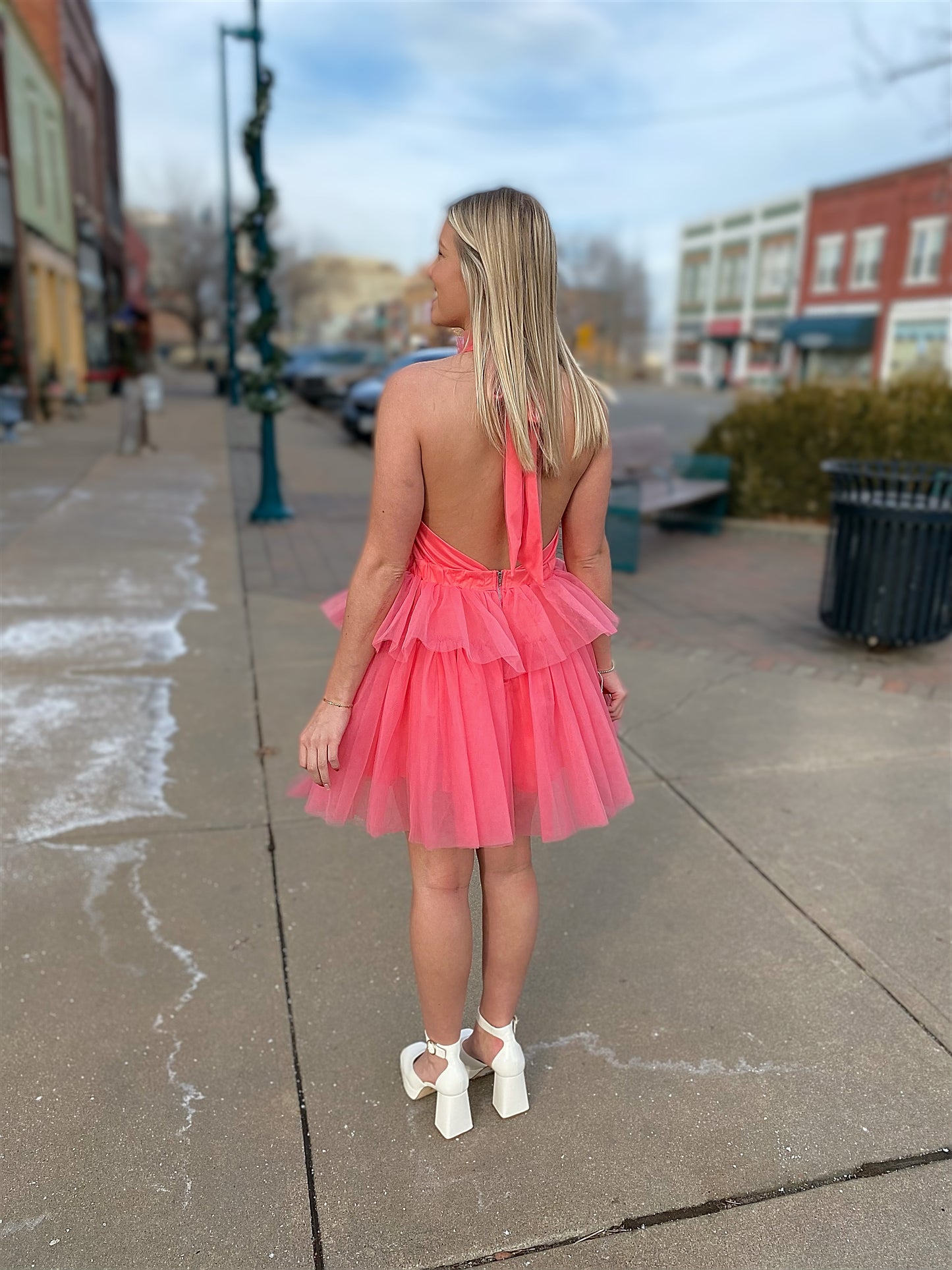 candy pink tulle halter mini dress with tie back