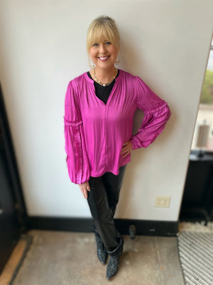 Maggie magenta blouse with ruffle sleeve