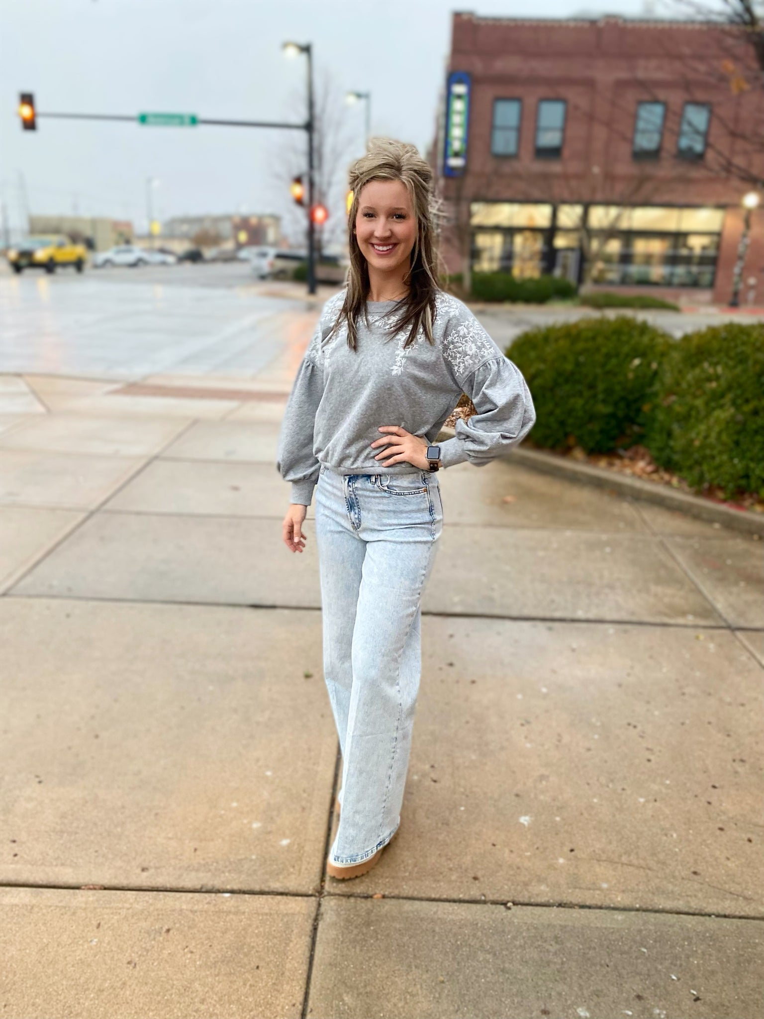 grey embroidered puff sleeve sweatshirt