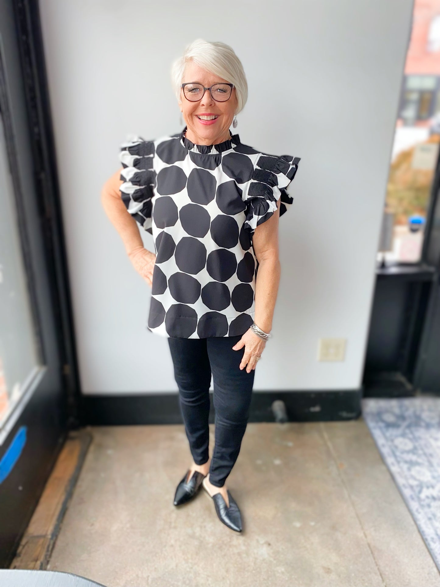 Dotty Black and White Ruffle sleeve blouse