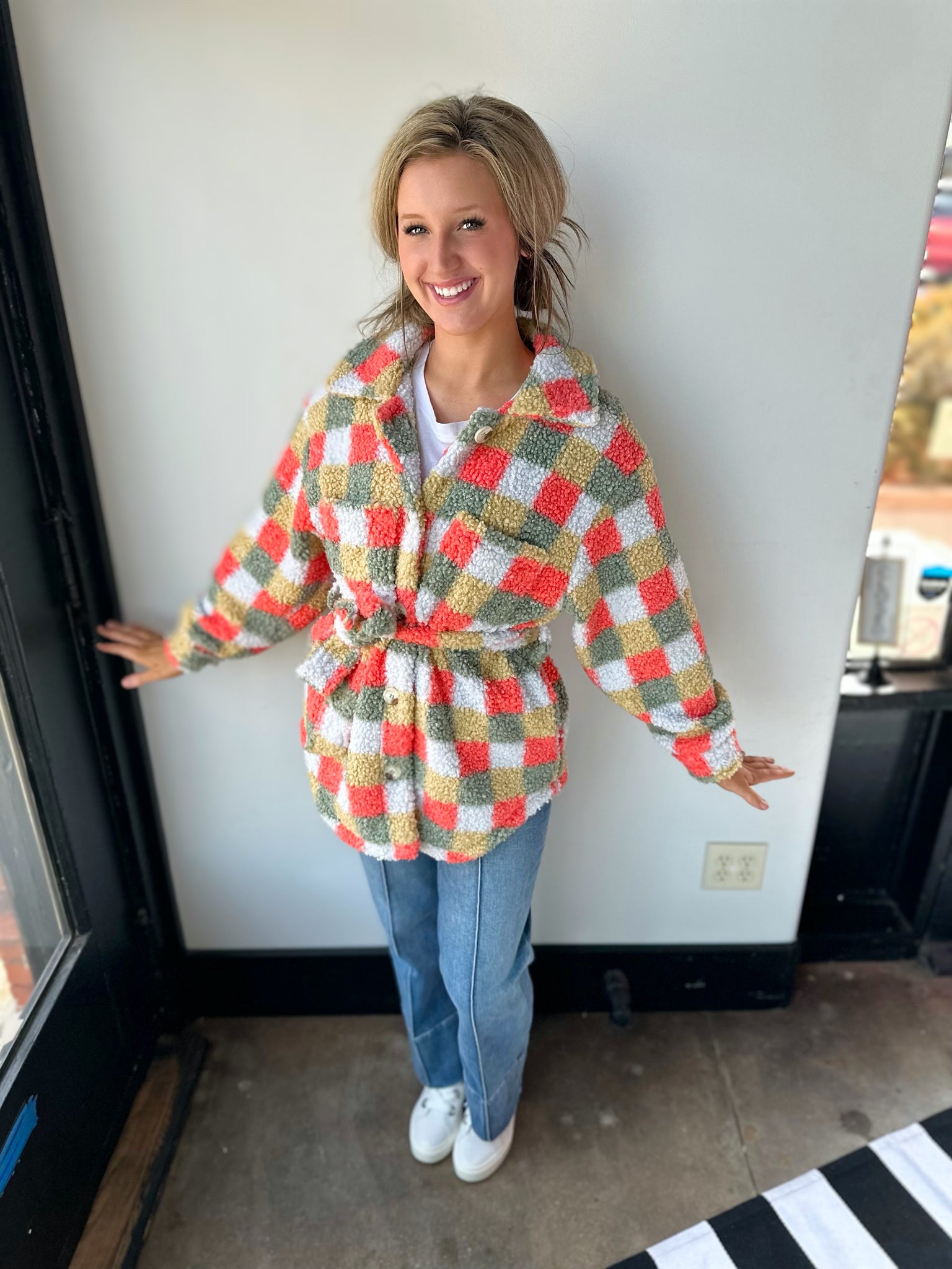 orange multi plaid teddy button up jacket