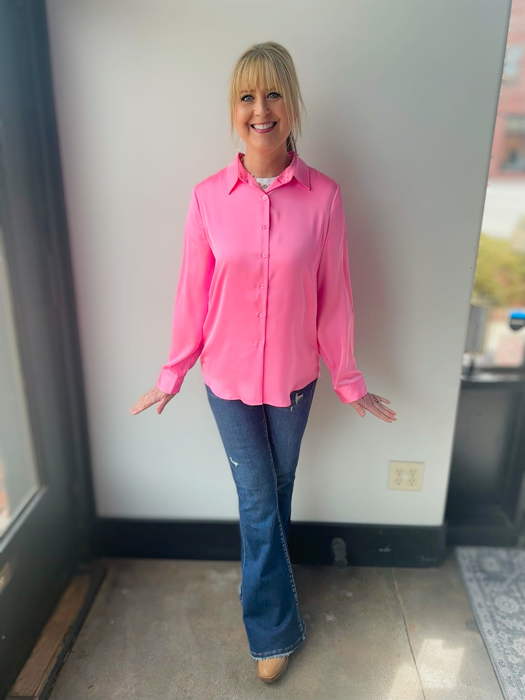 Sophia Satin Button Down- Ballerina Pink