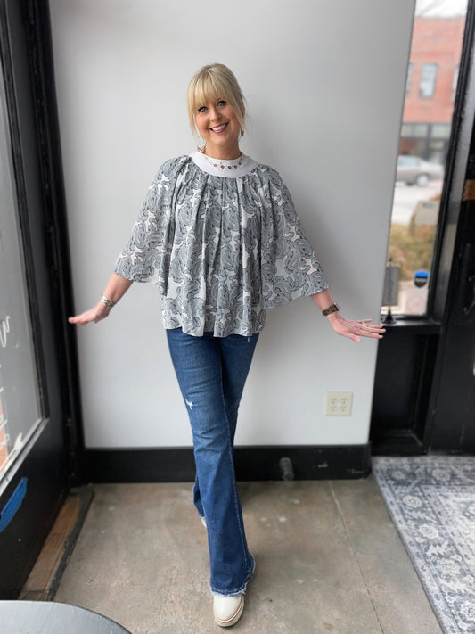 Gray Paisley 3Q slv dolman pleated blouse