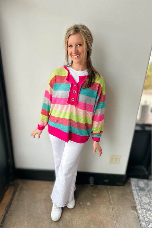 Henley Multi Color Stripe Hacci button top