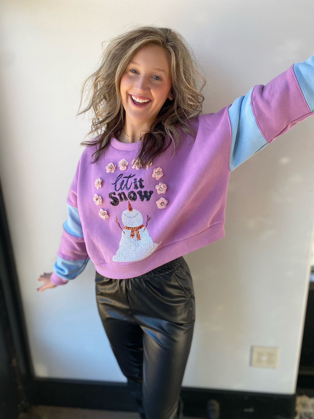 lavender/ blue snowman sequins with flower embellishment sweatshirt