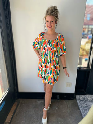 green multi woven flowy mini dress