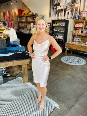 Pastel pink cowl neck midi dress