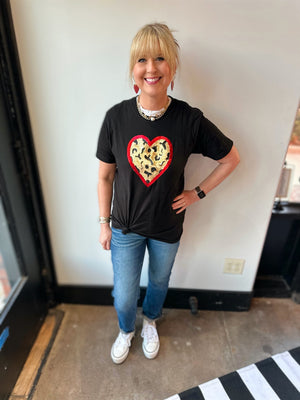 leopard red heart sequin black tee
