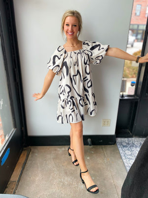 Callie Cream Puff sleeve with Blk brush strokes dress