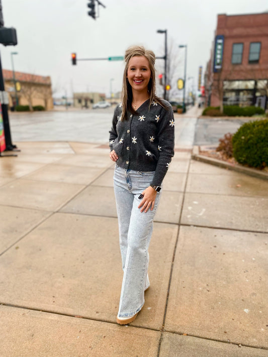 grey floral crop button up cardigan